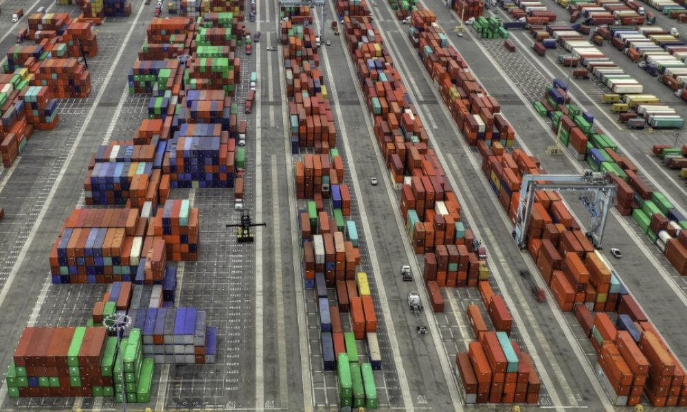 Aerial Shot of Large Shipping-containers-area